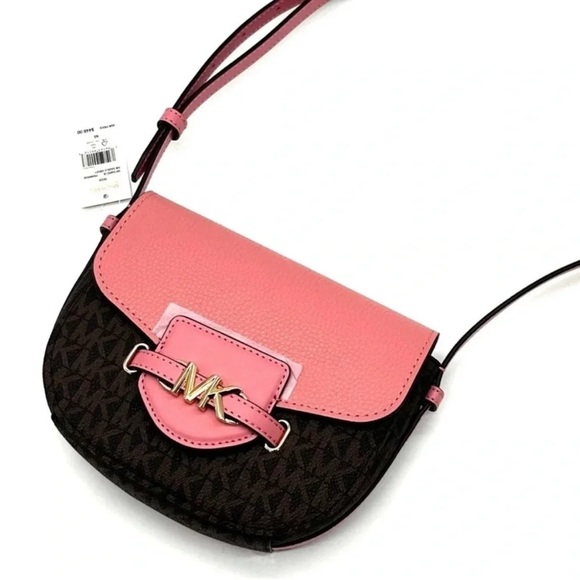 Michael Kors Small Reed Leather Saddle Crossbody Bag Brown/Pink (NWT) - Picture 2 of 12